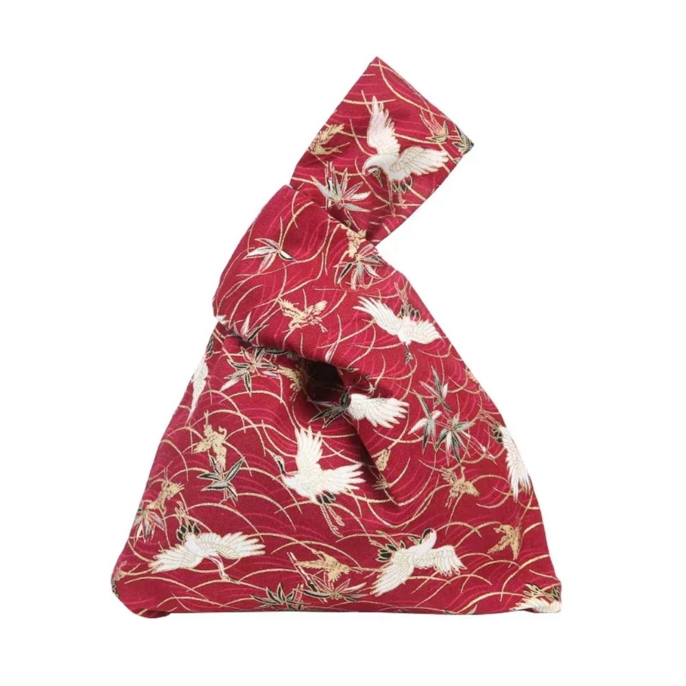 Red Japanese Knot Bag Wrist Bag with Crane Design - Picture 6 of 6